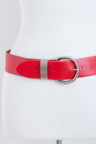 80s Bright Red Wide Leather Belt with Silver Buckle - Size 33"-39" / M-L