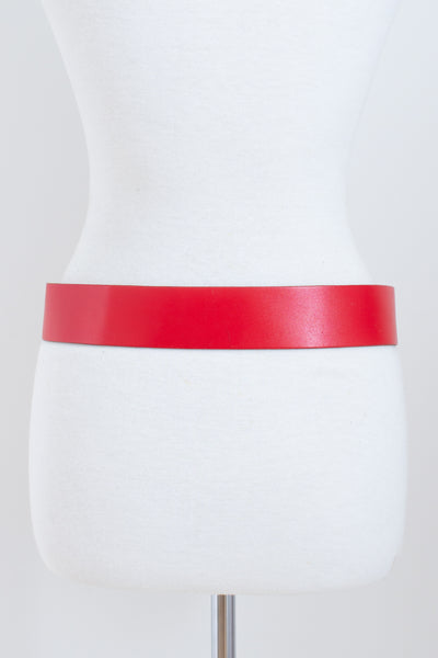 80s Bright Red Wide Leather Belt with Silver Buckle - Size 33"-39" / M-L