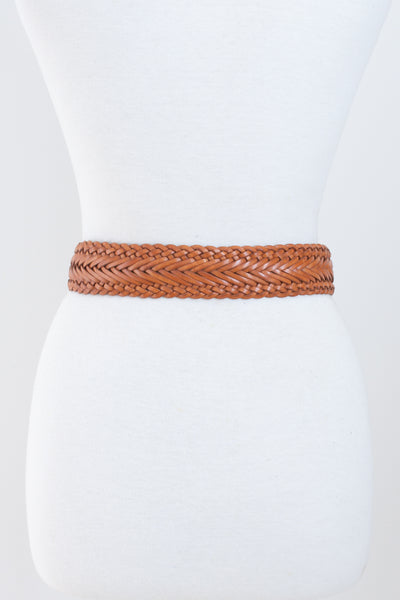 Wide Tan Woven Leather Belt with Leather Buckle | Size XS-M