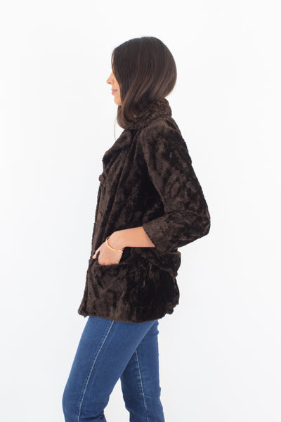 60s Chocolate Brown Fluffy Faux Fur Teddy Coat - Size XS/S