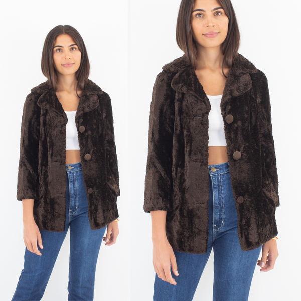 60s Chocolate Brown Fluffy Faux Fur Teddy Coat - Size XS/S