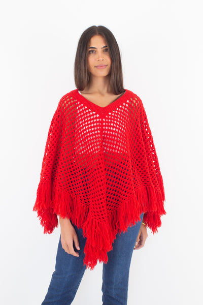 70s Style Bright Red Crochet Poncho - Free Size