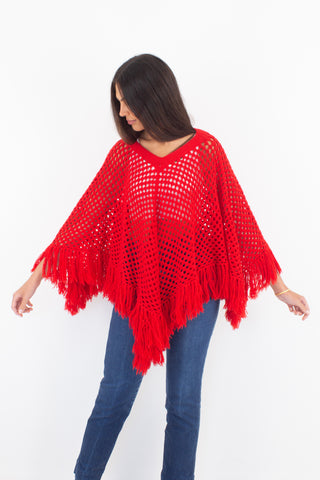 70s Style Bright Red Crochet Poncho - Free Size