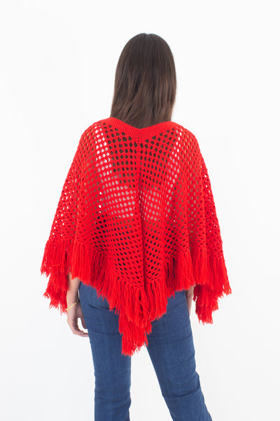 70s Style Bright Red Crochet Poncho - Free Size