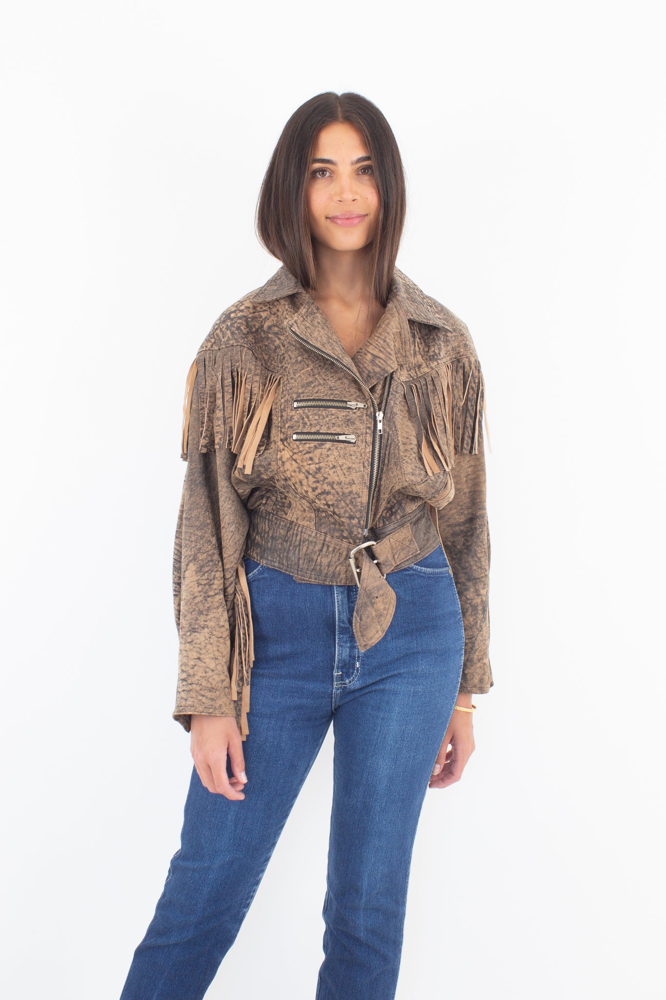 80s Brown Stone Wash Cropped Leather Fringe Motorcycle Jacket - Size S/M