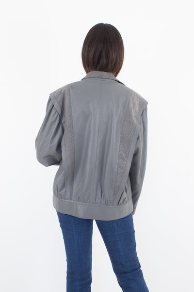 80s Grey Oversized Leather Jacket - Size S/M