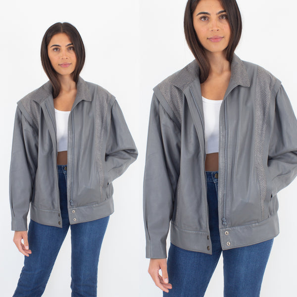 80s Grey Oversized Leather Jacket - Size S/M
