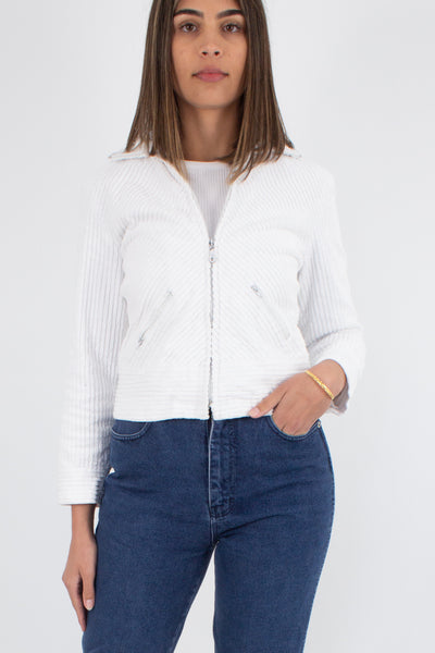 70s Style Cropped White Cord Jacket - Size XS