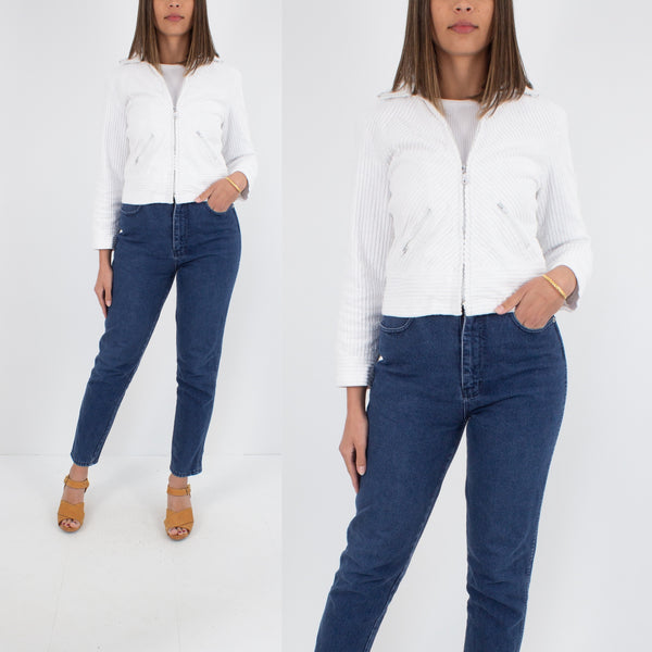 70s Style Cropped White Cord Jacket - Size XS