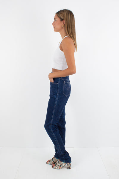 70s Indigo Dark Blue High Waist Jeans - Tapered Leg - Size S / 26"