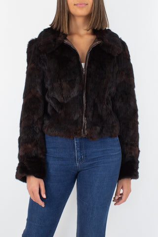 70s Dark Brown Cropped Fur Bomber Jacket - Size M