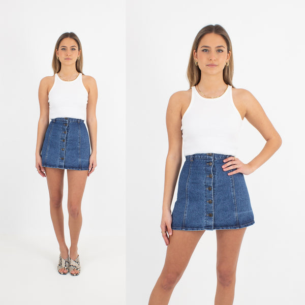 70s Indigo Blue Denim Mini Skirt - Size XXS / 23"