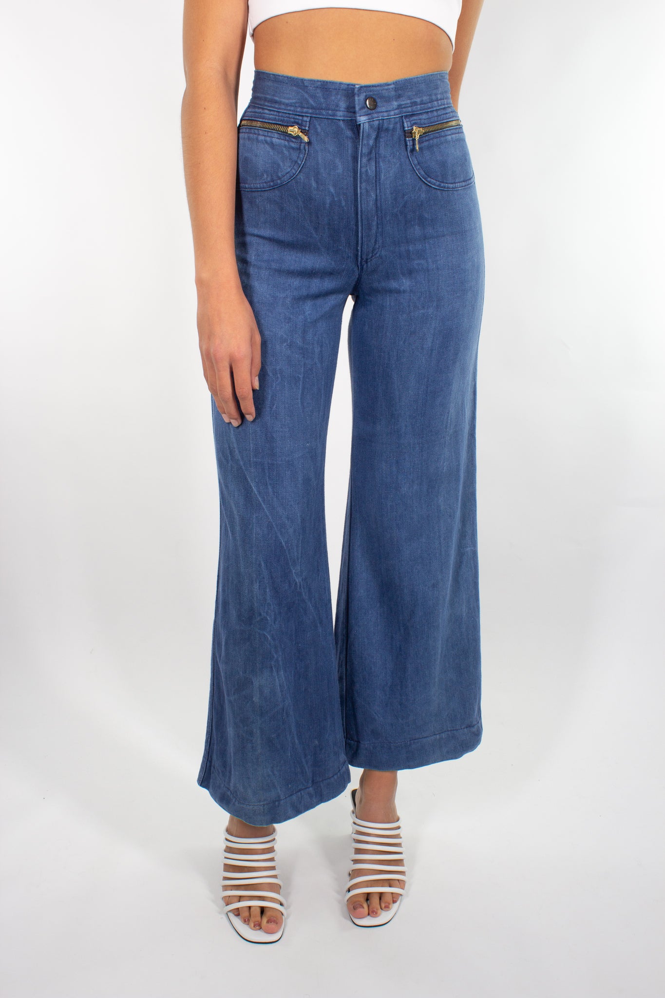 70s Indigo Blue Wide Leg Jeans - Size XS / 25"