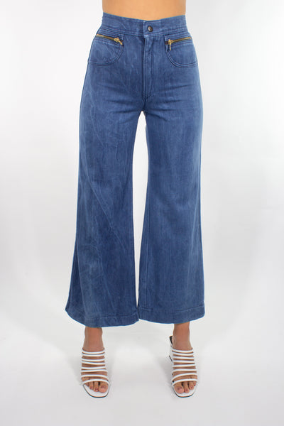 70s Indigo Blue Wide Leg Jeans - Size XS / 25"