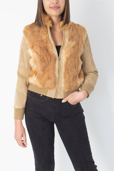 70s Tan Suede & Fur Bomber Jacket - Size XS/S