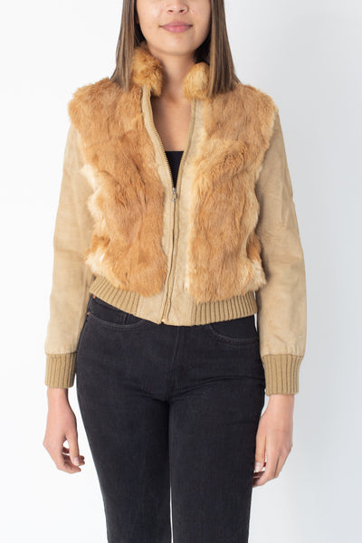 70s Tan Suede & Fur Bomber Jacket - Size XS/S