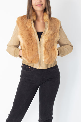 70s Tan Suede & Fur Bomber Jacket - Size XS/S