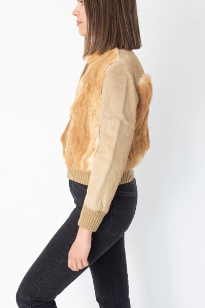 70s Tan Suede & Fur Bomber Jacket - Size XS/S