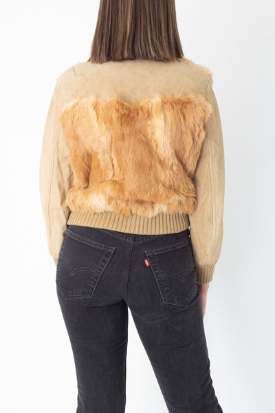 70s Tan Suede & Fur Bomber Jacket - Size XS/S