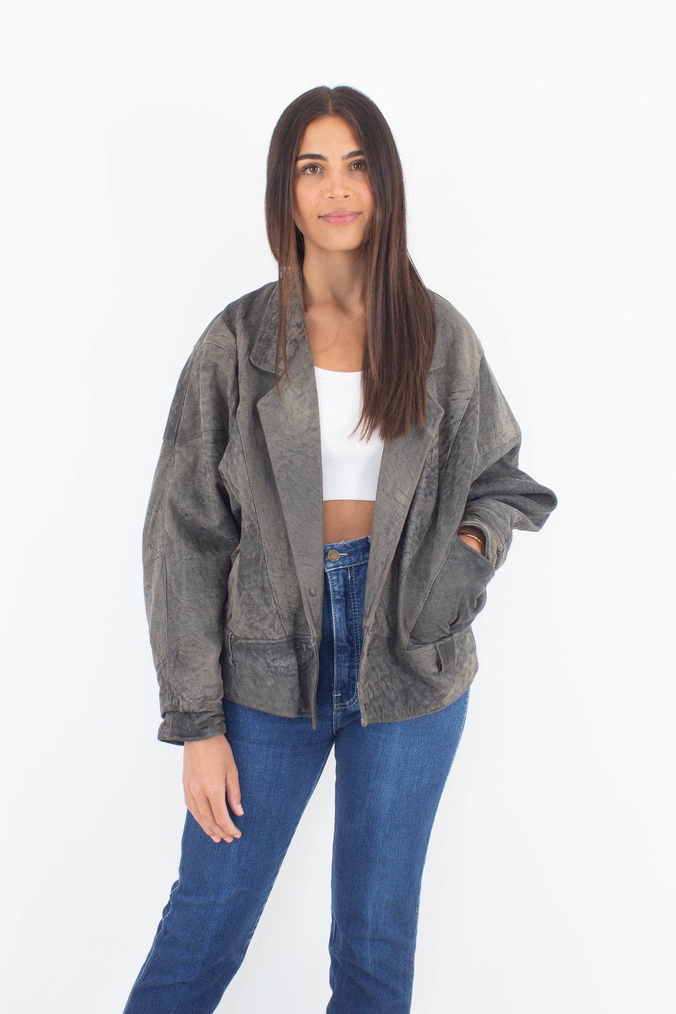 80s Oversized Grey Stonewash Leather Jacket - Size S/M/L