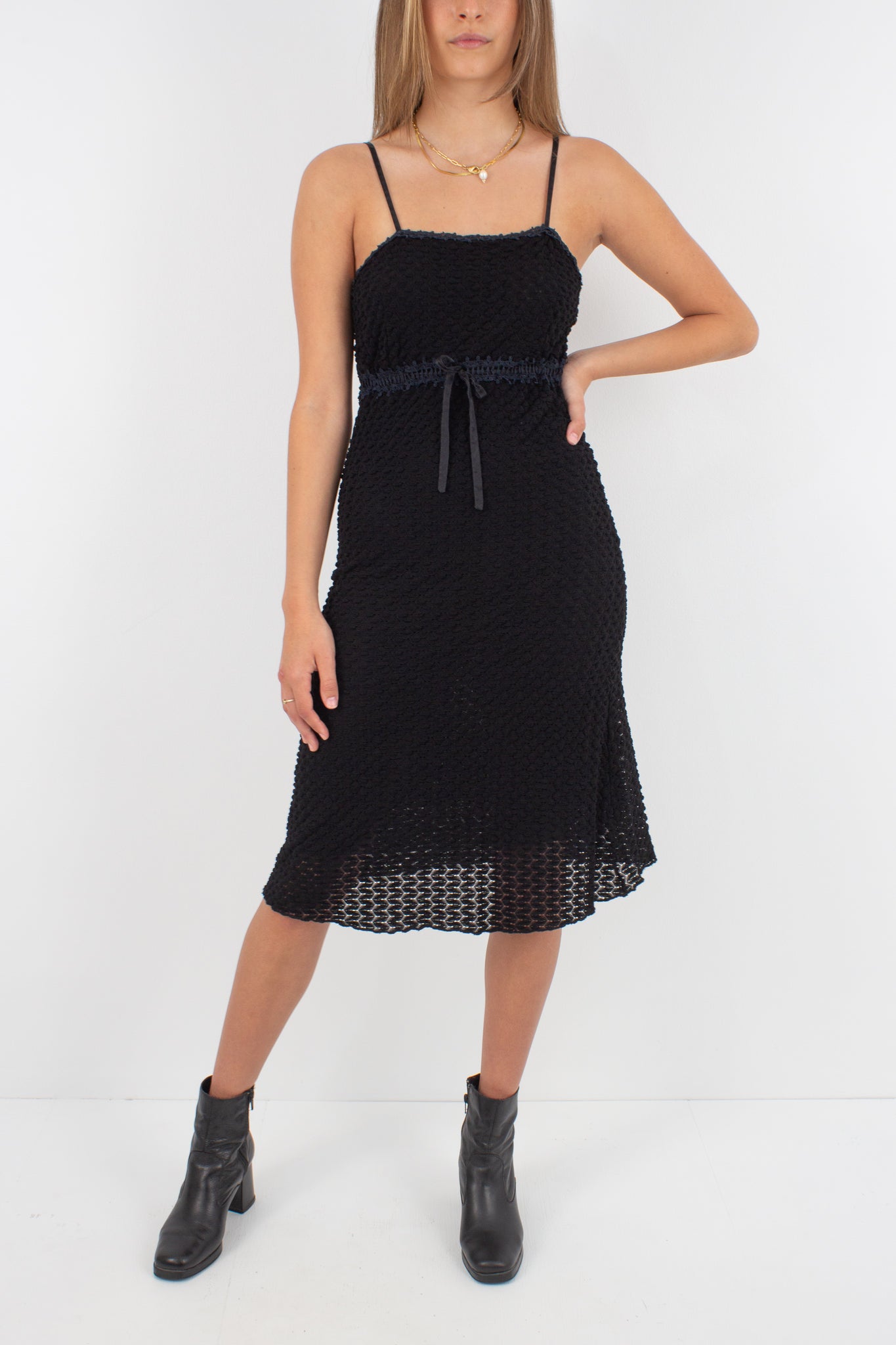 90s Black Stretch Lace Midi Dress - Size XS/S