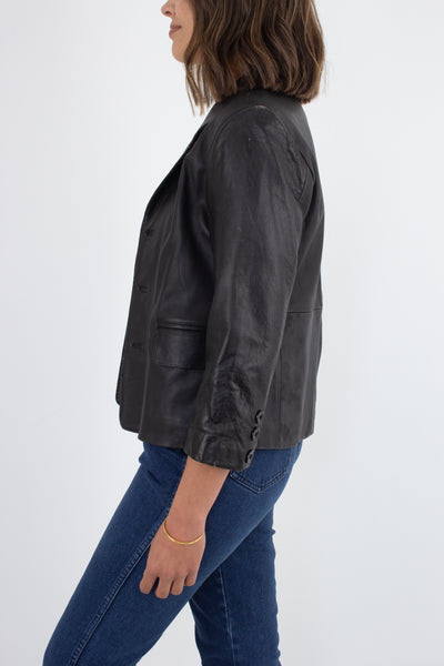 90s / Y2K Black Minimalist Leather Jacket - Size XS/S