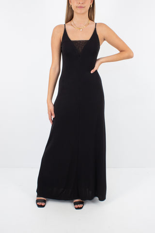90s Slinky Black Maxi Dress with Mesh - Size XS/S