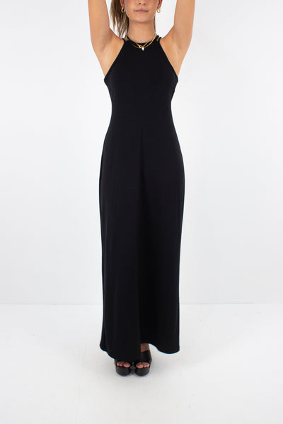 90s Slinky Black Maxi Halter Dress - Size S/M