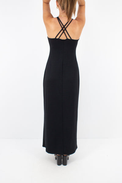 90s Slinky Black Maxi Halter Dress - Size S/M