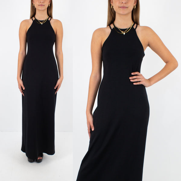 90s Slinky Black Maxi Halter Dress - Size S/M