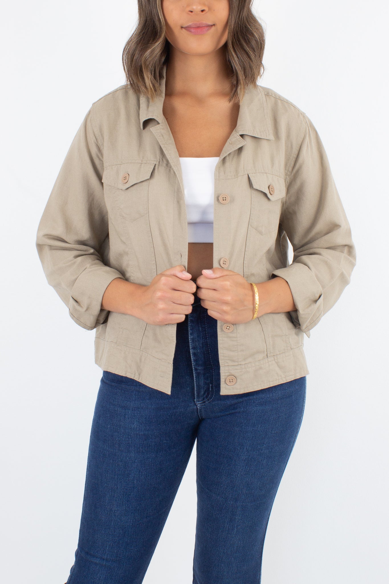 Beige Linen Button Up Jacket Size M MarlowVintage