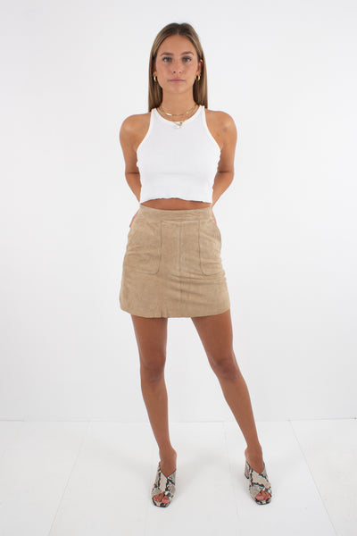 Beige Suede Leather Mini Skirt - Size XXS-XS / 23"-24"