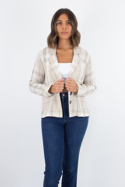 Beige Check Linen Button Up Jacket - 2 Sizes M & L