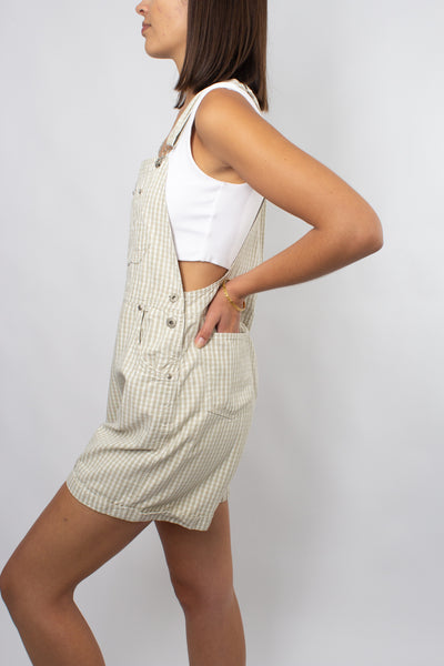 Beige & White Check Overalls with Cuffed Hem - Size M