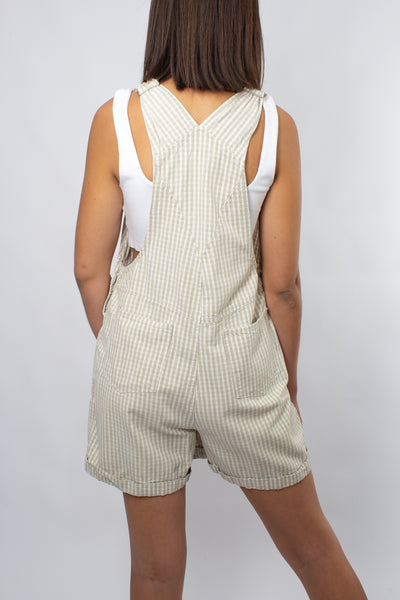 Beige & White Check Overalls with Cuffed Hem - Size M