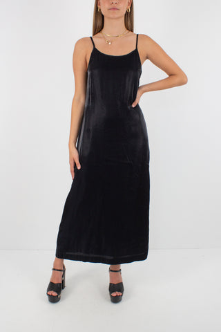 Y2K Shiny Black Bossini Slip Maxi Dress - Size S