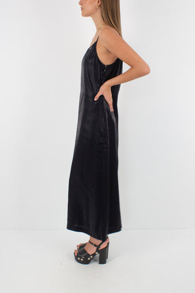 Y2K Shiny Black Bossini Slip Maxi Dress - Size S