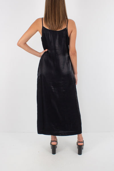 Y2K Shiny Black Bossini Slip Maxi Dress - Size S