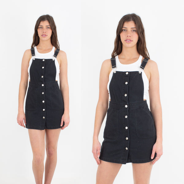 Black Denim Pinafore Dress - Size S