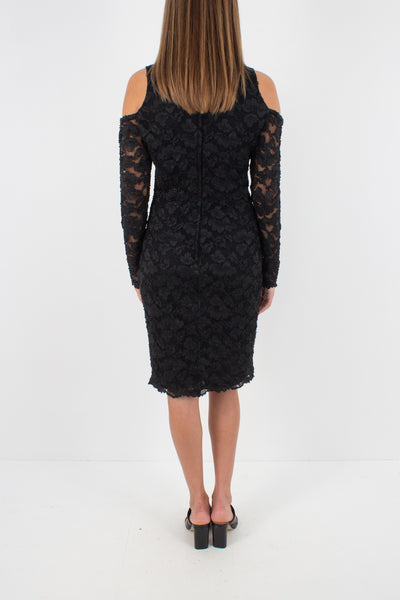 80s Black Lace Dress with Exposed Shoulders - Size M
