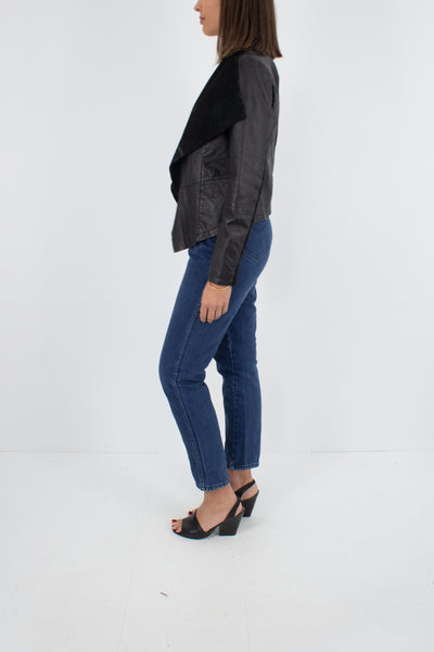 Black Leather Jacket with Wide Suede Lapels - Size S