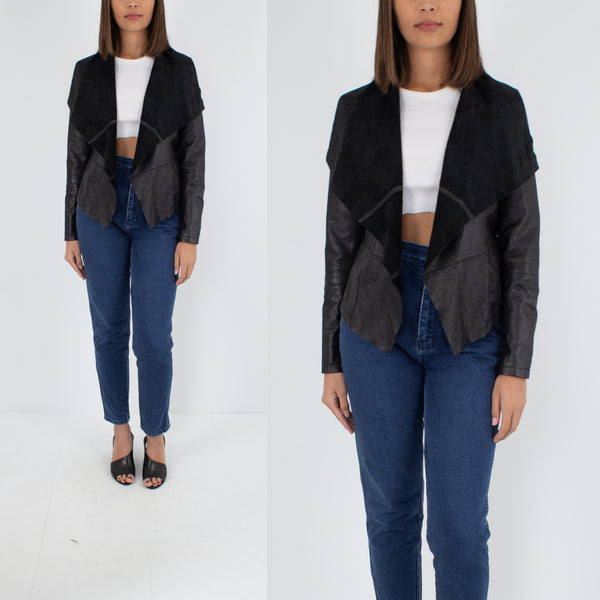 Black Leather Jacket with Wide Suede Lapels - Size S