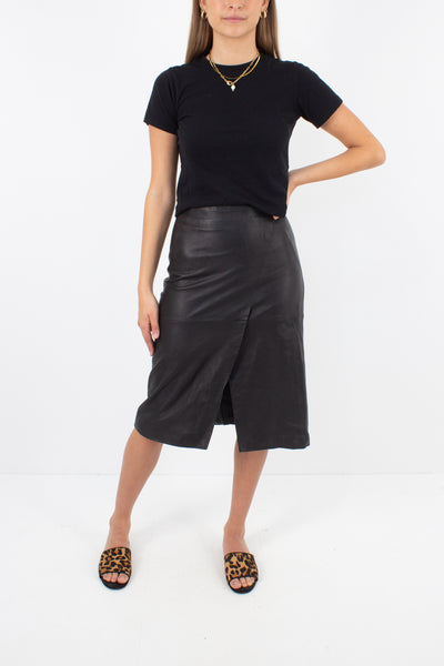 Black Leather Midi Skirt - Size S / 26"