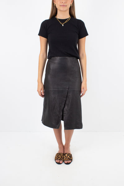 Black Leather Midi Skirt - Size S / 26"