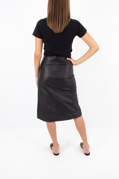 Black Leather Midi Skirt - Size S / 26"