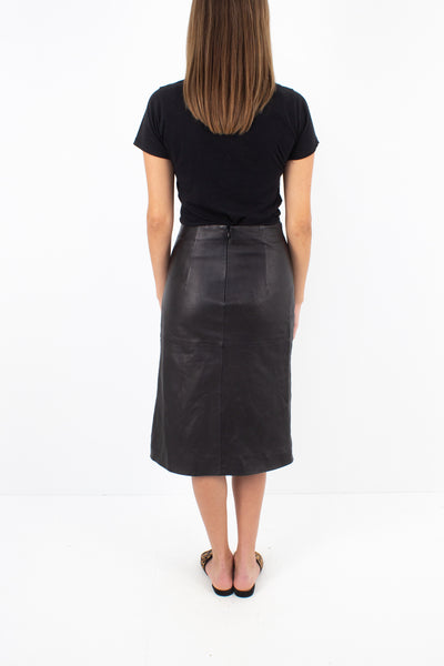 Black Leather Midi Skirt - Size S / 26"