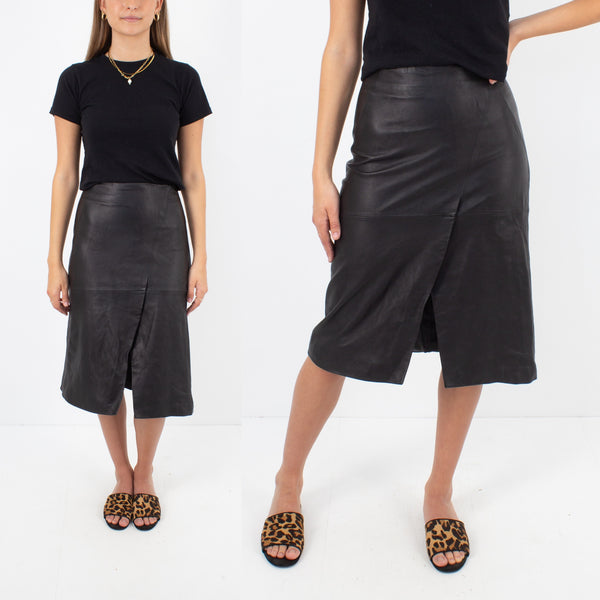 Black Leather Midi Skirt - Size S / 26"