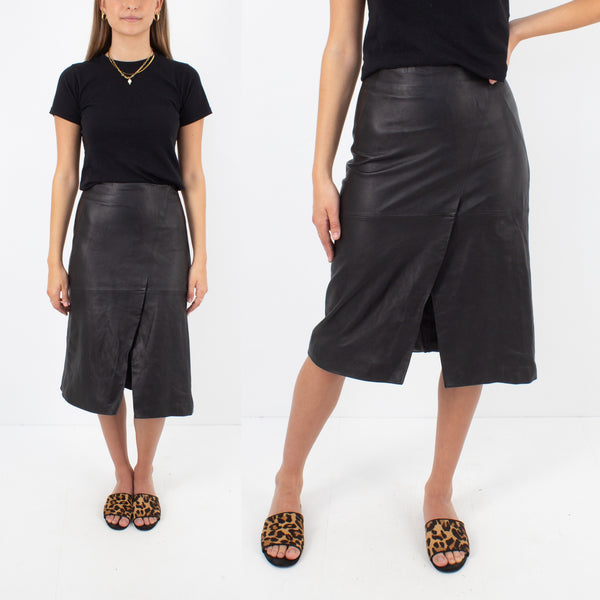 Black Leather Midi Skirt - Size S / 26"