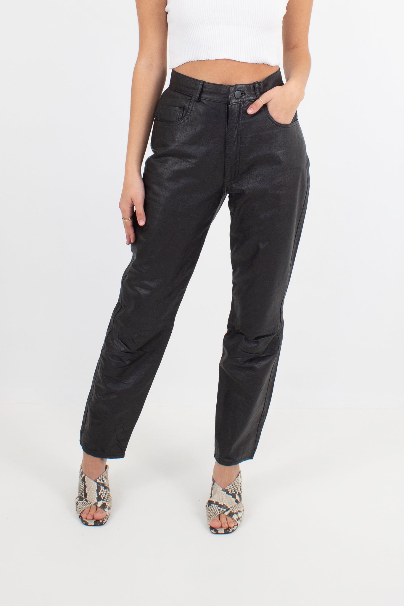 Black Leather High Waist Pants - Size S / 26"