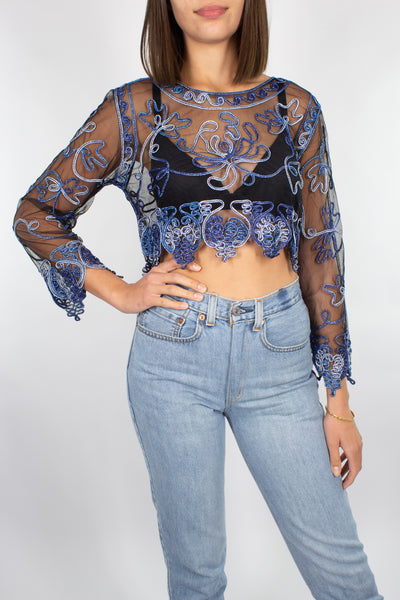 Black Mesh Midriff Top with Blue Ribbon Detail - Size XS/S/M